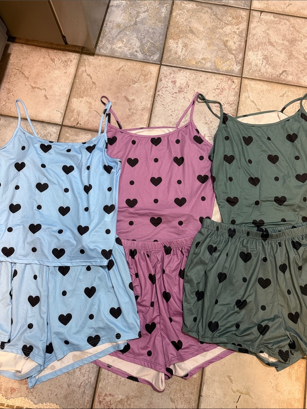 TikTok Women’s Heart-Print Spaghetti Strap Pajama Set - Blue, Pink, Green 3x